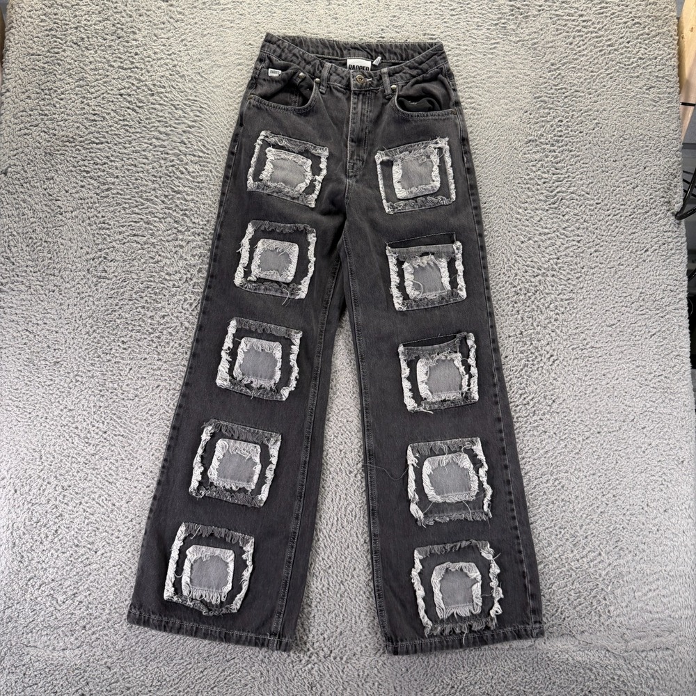 Ragged Priest Jeans Womens 28x31 Black Cotton Denim Straight Leg Baggy Patchwork